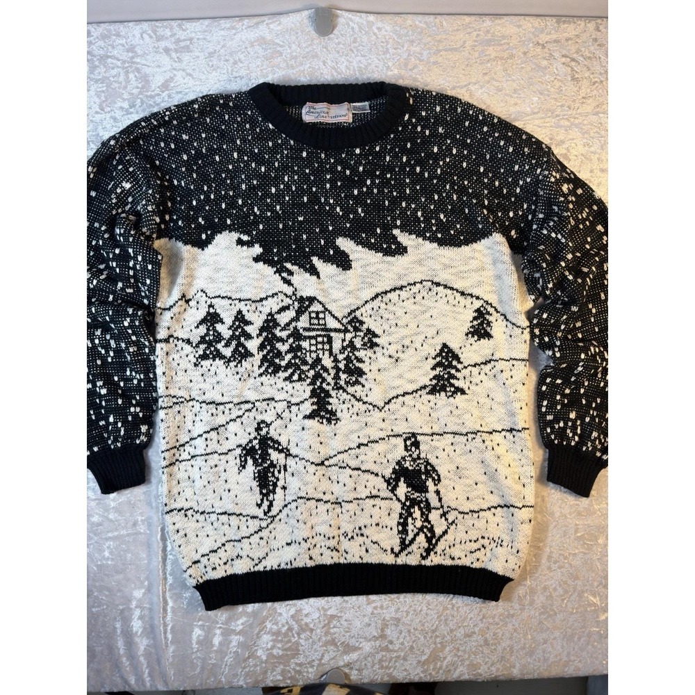 Vintage Ski Sweater Mens L Black White Snow Mountain Cabin Skier 80s